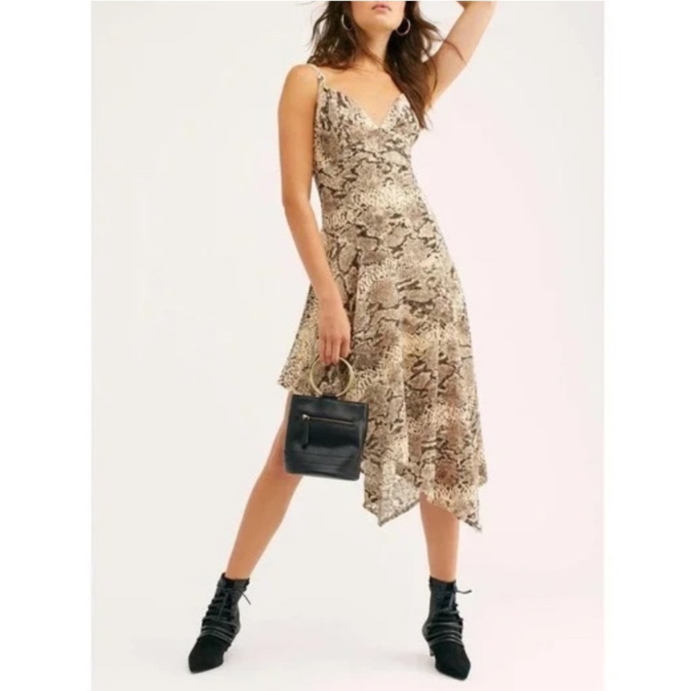 Free People 10 Midnight Dancer Tan Brown Snake Printed Asymmetrical Midi Dress